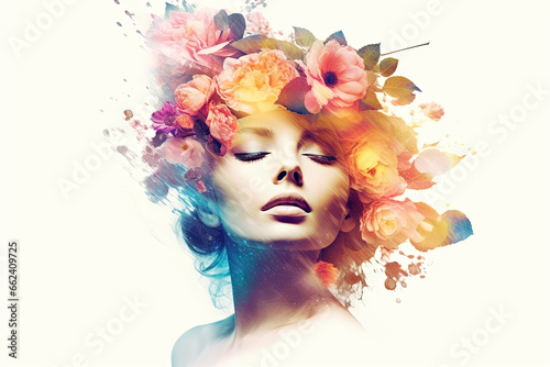 Woman goddess with flowers wreath hairstyle. Abstract fantasy double exposure floral art 