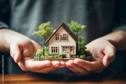 Man holds in his hand of model family house