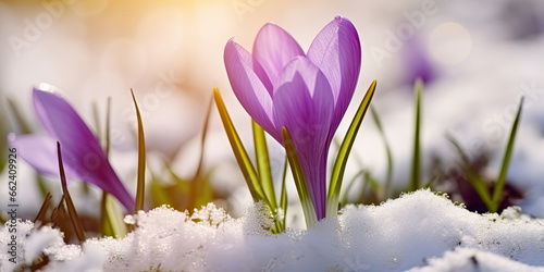  Crocus flowers amidst the snow in spring