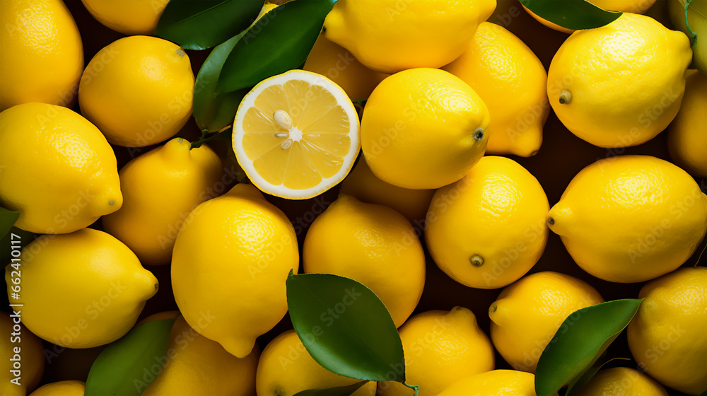 Ripe lemons background and leaves, fresh yellow lemons close-up photo. Many lemons