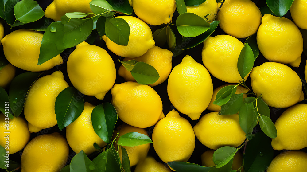 Lemons and leaves background, fresh yellow lemons photo. Many yellow lemons.