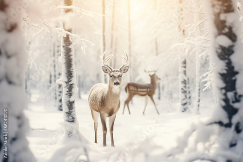 Winter snow Christmas trees Reindeer background © jfStock