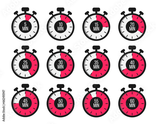Stopwatches set. Online express delivery service, online order tracking. Timer, clock vector illustrations set