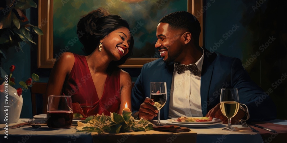 Black couple at holiday dinner - obrazy, fototapety, plakaty 