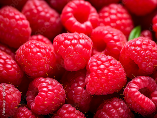 Close up of raspberries and green leaf background