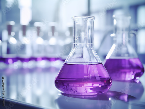 Close up photo of a laboratory flask filled with purple liquid, test tubes