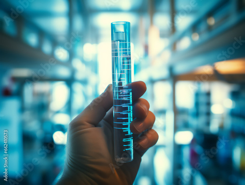 Hand holding a test tube in a laboratory