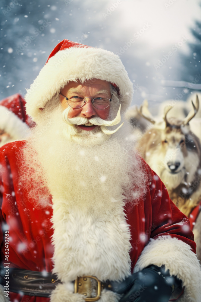 Santa claus portrait and Reindeers background winter Santa claus portrait and Reindeers background winter