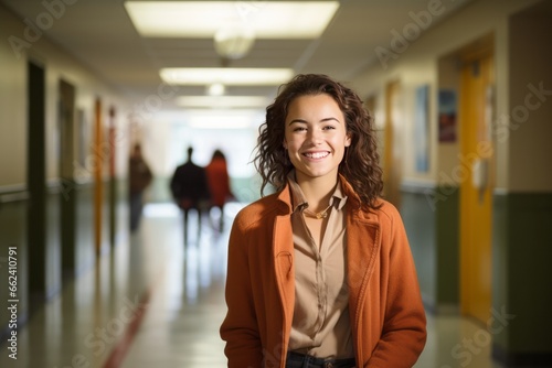 Smiling young female student in a college hallway. AI generative