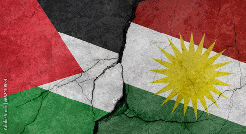 Foto Palestine and Kurdistan flags, concrete wall texture with cracks, grunge backgro