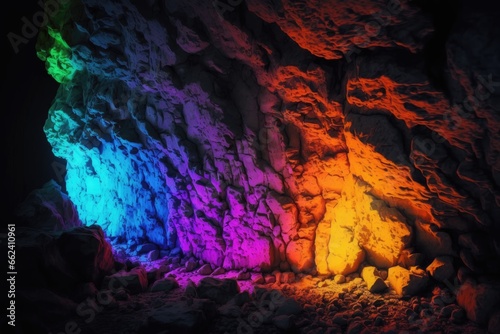 Cave interior with colorful neon lights