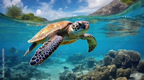 Turtle cruising clean blue sea. AI generated image photo