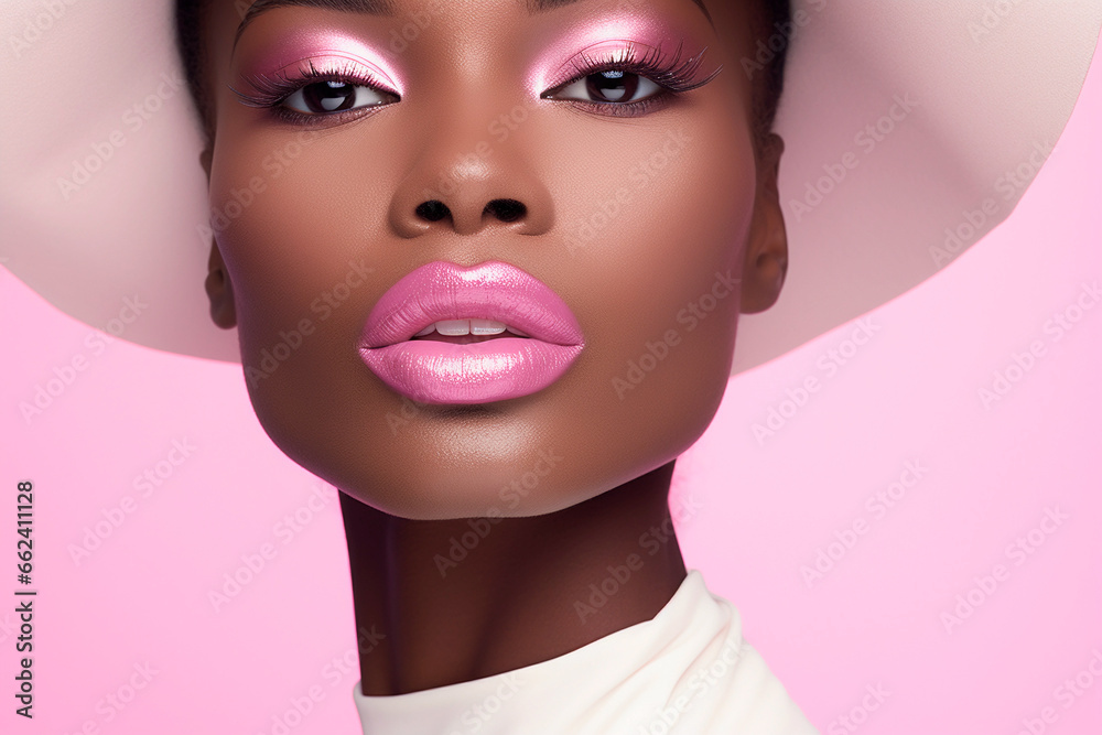 Beautiful black skin woman with pink lips, fashion make up eyeshadow, on pink background