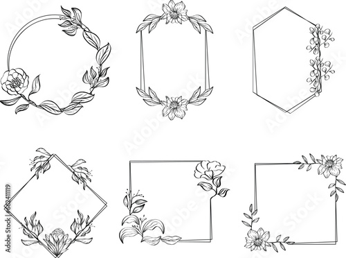 Set of floral design black logo elements.Wreath borders dividers, frame corners and minimalist flowers branch. Hand drawn line wedding herb, elegant leaves for invitation blk
