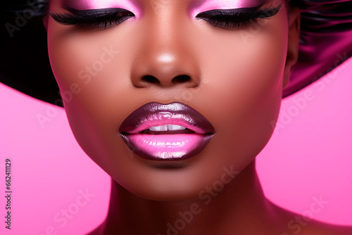 Beautiful black skin woman with pink lips  fashion make up eyeshadow  on pink background