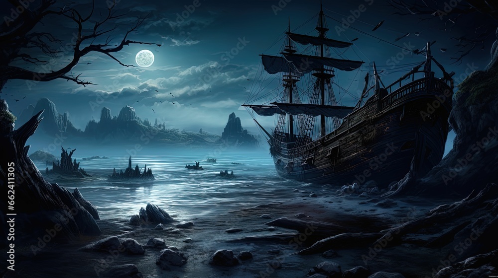 Obraz premium Haunted Ship On A Shoreline - Halloween