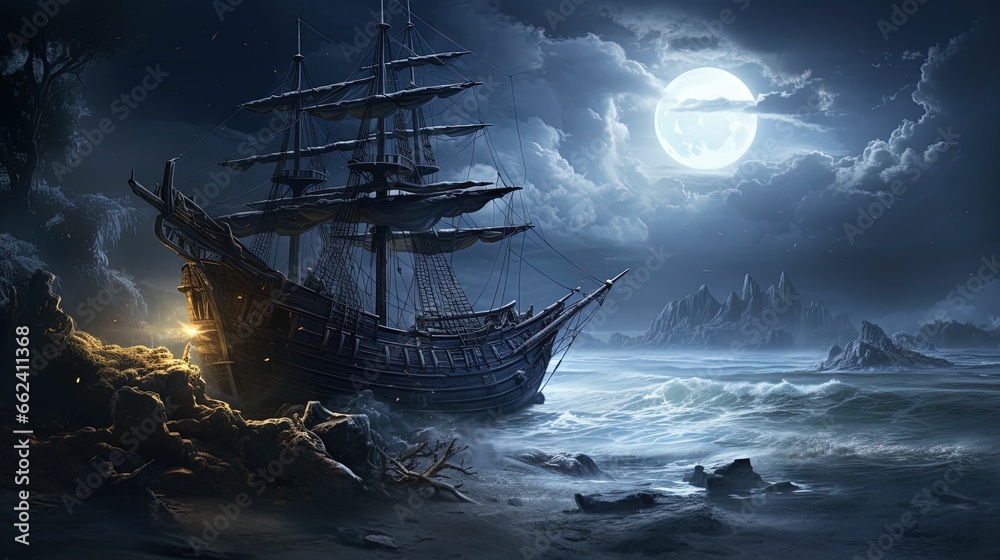 Haunted Ship On A Shoreline - Halloween - obrazy, fototapety, plakaty 