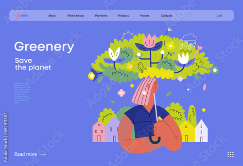 Greenery, ecology -modern flat vector concept illustration of a woman under the green lush umbrella of plants and flowers. Metaphor of environmental sustainability and protection, closeness to nature