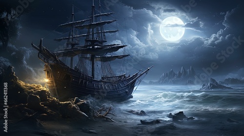 Haunted Ship On A Shoreline - Halloween
