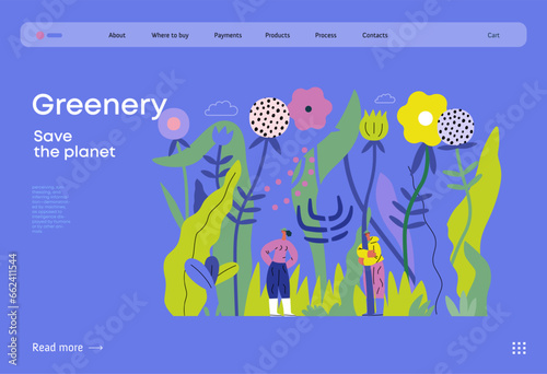 Greenery, ecology -modern flat vector concept illustration of tiny people in the grass, surrounded by plants and flowers. Metaphor of environmental sustainability and protection, closeness to nature