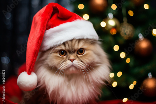 ginger cat in a Santa Claus hat against the background of a Christmas tree 