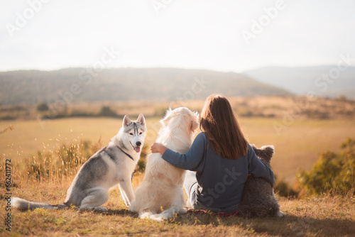 Photography young woman and a group of three dogs sitting with their back to the camera port
