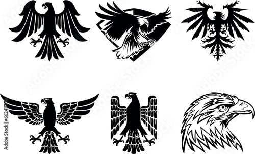 Hand drawn eMascot bird collection. signs for branding, head and wings of hawk or falcon for badge Set of isolated. Gothic royal emblem and company