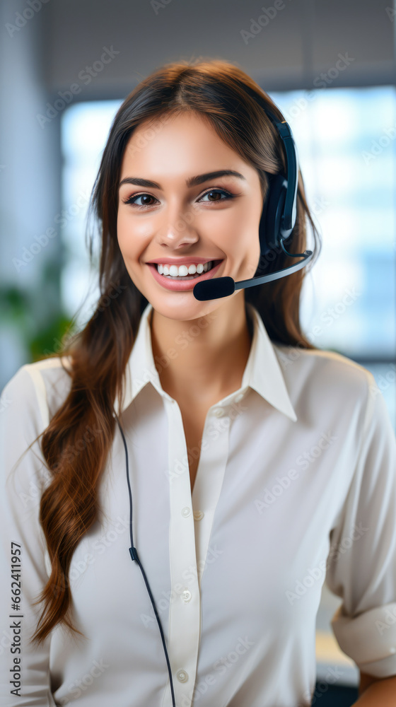 Female businesswoman working in the call center with headset, a smiling call center agent wearing a headset Female businesswoman working in the call center with headset, a smiling call center agent wearing a headset