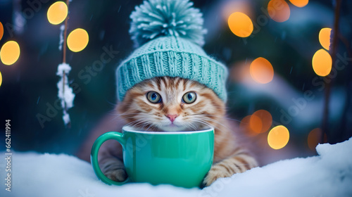 A cheerful cute cat in a knitted hat drinks cocoa from a cup against the background of a winter forest with fir trees, snow and colorful lights. Postcard for the New Year holidays.