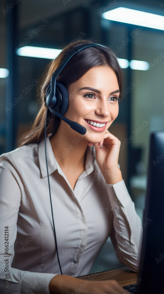 Female businesswoman working in the call center with headset, a smiling call center agent wearing a headset Female businesswoman working in the call center with headset, a smiling call center agent wearing a headset