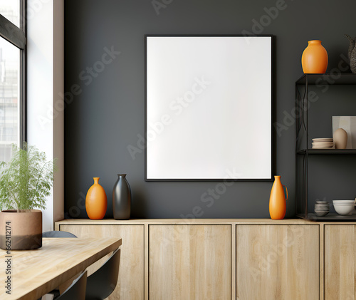 Blank mock up poster frame on black wall. Wooden cabinet and shelf. Scandinavian home interior design of modern dining room.