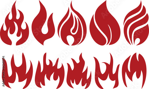 Fire, isolated set campfire vector icons, red burning bonfire blaze symbols. Glowing shining flare with long waving tongues. Decorative elements for design, cartoon ignition fire