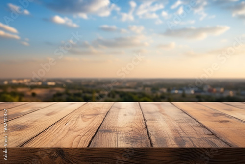 Wooden boards in the foreground close-up, empty table, against a blurred city background, mocap for product presentation