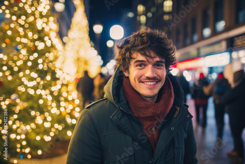Portrait of happy man on the street at Christmas time
