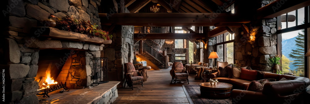 inviting and cozy lodge lobby in a mountain retreat, featuring a stone fireplace, wooden beams, and rustic furnishings.