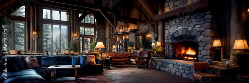 Papier peint inviting and cozy lodge lobby in a mountain retreat, featuring a stone fireplace, wooden beams, and rustic furnishings