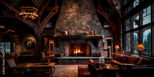 inviting and cozy lodge lobby in a mountain retreat, featuring a stone fireplace, wooden beams, and rustic furnishings. © Maximusdn