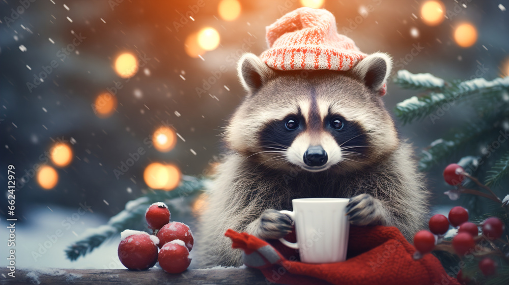 A cheerful cute raccoon in a knitted hat drinks cocoa from a cup against the background of a winter forest with fir trees, snow and colorful lights. Postcard for the New Year holidays. - obrazy, fototapety, plakaty 