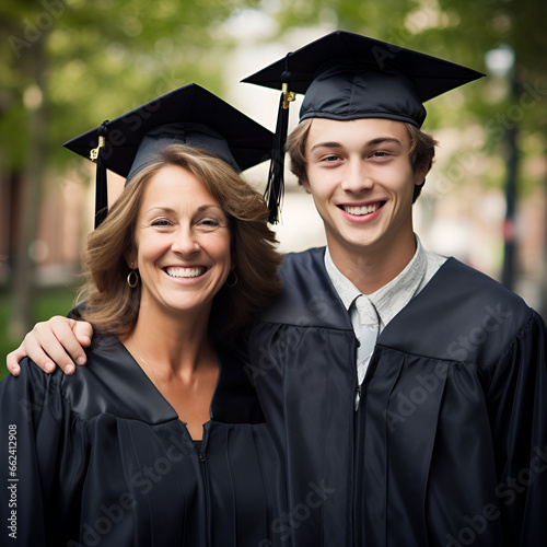 Happy proud mother and son college graduates in caps and gowns, HD, Generative AI