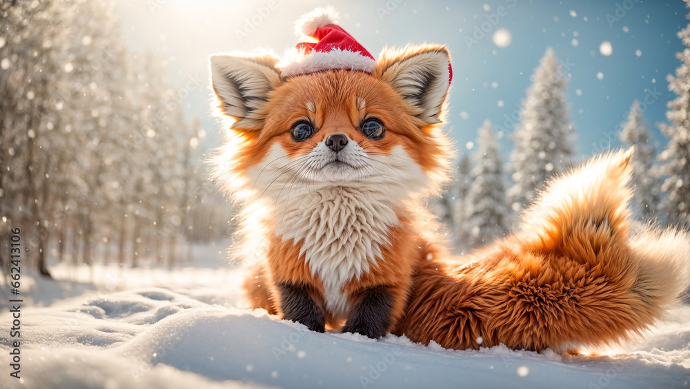 Cute cartoon fox in a hat in a snowy meadow Cute cartoon fox in a hat in a snowy meadow