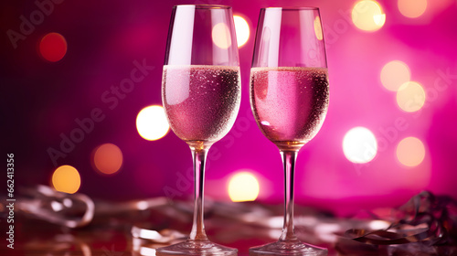 Champagne glasses sparkle like ephemeral stars on New Year's Eve. Champagne glasses on magenta background for celebration and festivity in a toast.