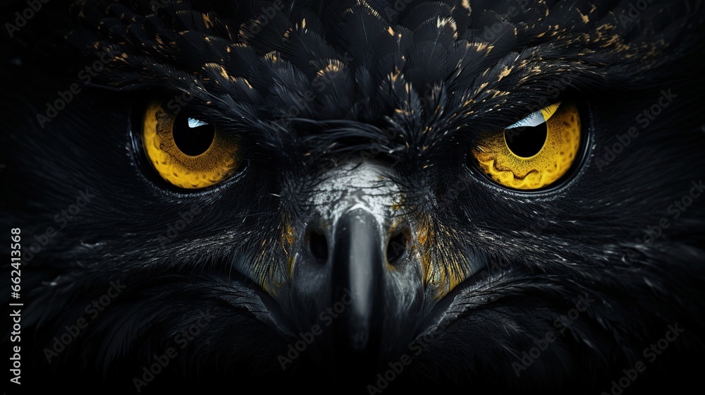 Naklejka premium Close up view of wild owl isolated on black background. AI generated image