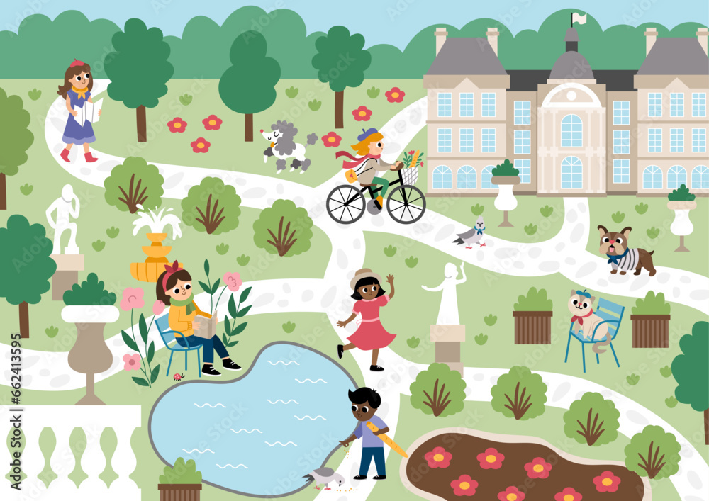 Obraz premium Vector Luxembourg garden in Paris landscape illustration with people and animals. French capital city park scene with palace, benches, chairs, sculptures, pond, trees. Cute France background.