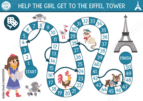 France dice board game for children with tourist girl with map going to Eiffel Tower. French boardgame with traditional symbols, animals. Printable touristic activity, worksheet for kids with Paris