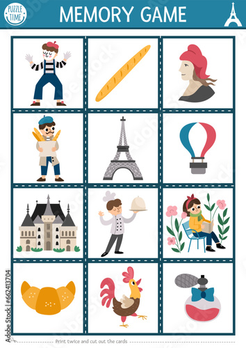 Vector France memory game cards with cute traditional symbols. French matching activity. Remember, find correct card. Simple printable worksheet for kids with mime, baguette, Eiffel Tower.