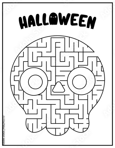 Halloween black and white maze for kids in shape of scull. Autumn holiday line preschool printable activity with cute kawaii. Scary labyrinth coloring page .