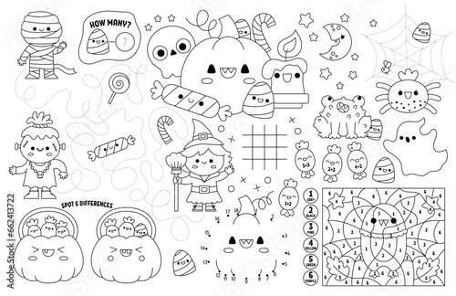 Vector kawaii Halloween placemat for kids. Fall holiday printable activity mat with maze, tic tac toe chart, connect the dots, find difference. Black and white autumn play mat or coloring page.