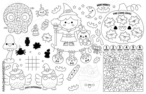 Vector kawaii Halloween placemat for kids. Fall holiday printable activity mat with maze, tic tac toe chart, connect the dots, find difference. Black and white autumn play mat or coloring page.