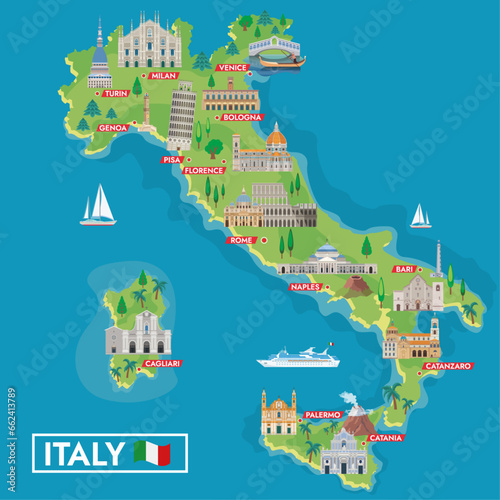 Itali Travel map illustration with Italian landmarks.