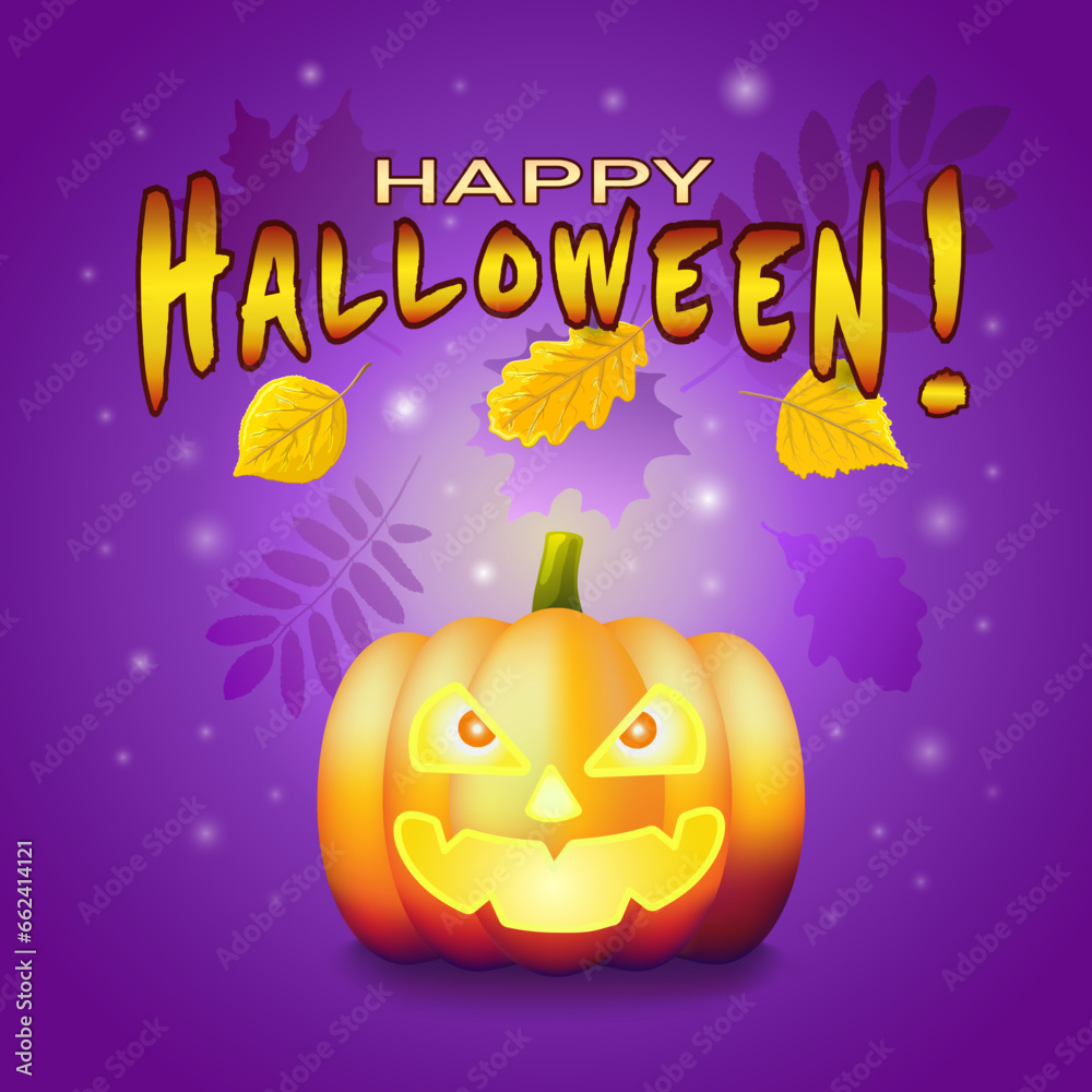 The pumpkin is bright orange with glowing eyes in the style of realism with orange leaves with the inscription HAPPY HALLOWEEN on a purple square background. Autumn, October. Vector illustration. The pumpkin is bright orange with glowing eyes in the style of realism with orange leaves with the inscription HAPPY HALLOWEEN on a purple square background. Autumn, October. Vector illustration.